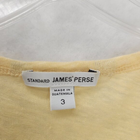 STANDARD JAMES PERSE Yellow Linen Woven V-Neck Tee Rounded Hem Sz 3 - LARGE - Picture 3 of 5